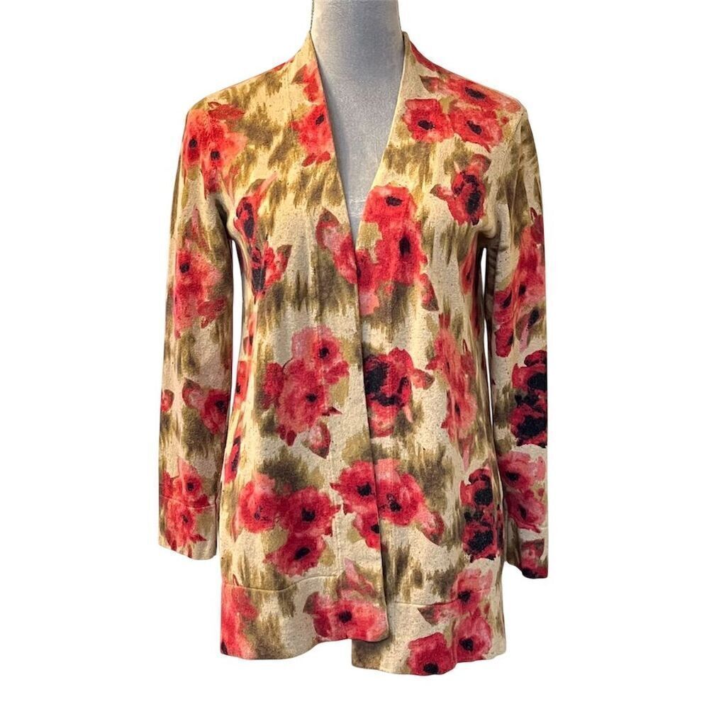 J. Jill Women's XS Floral Wool Open Cardigan 3/4 Sleeve Multicolor Sweater Warm
